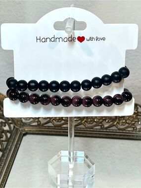 NEW! Black Obsidian and Flame Jasper Beaded Stretch Bracelet | Set ~7”